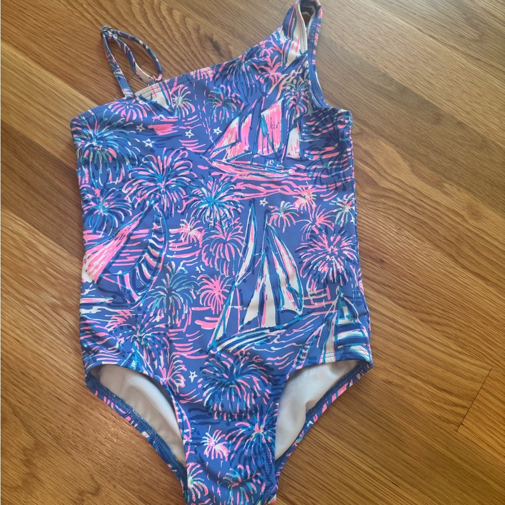 Kids Swimwear One-Shoulder Swimsuit - Blue and Pink